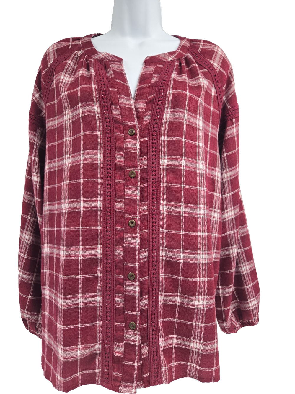 Kate and Sam Womens Burgundy Plaid Peasant Blouse Lace Trim Long Sleeve Size S